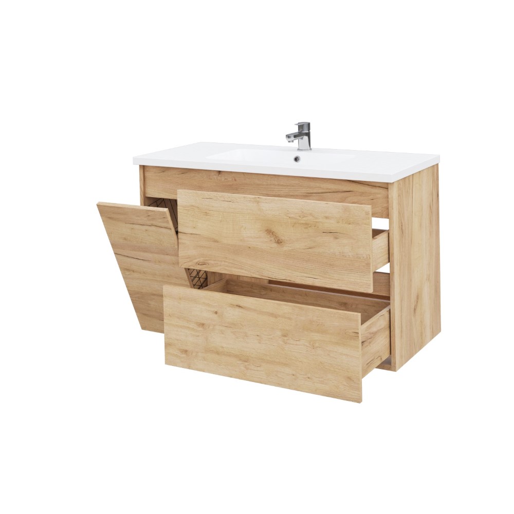 Тумба підвісна MEBLIBUD RENE 100 з 2-ма шухлядами з корзиною для білизни з умивальником Flat 100см  правостороння