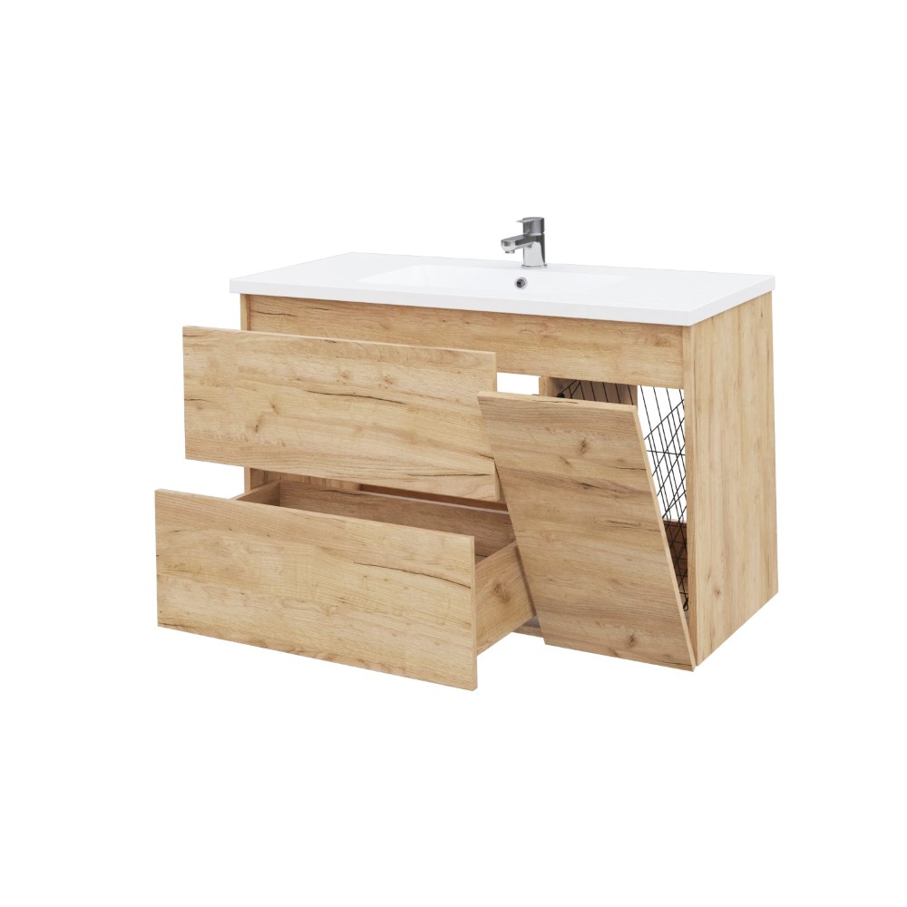 Тумба підвісна MEBLIBUD RENE 100 з 2-ма шухлядами з корзиною для білизни з умивальником Flat 100см  лівостороння