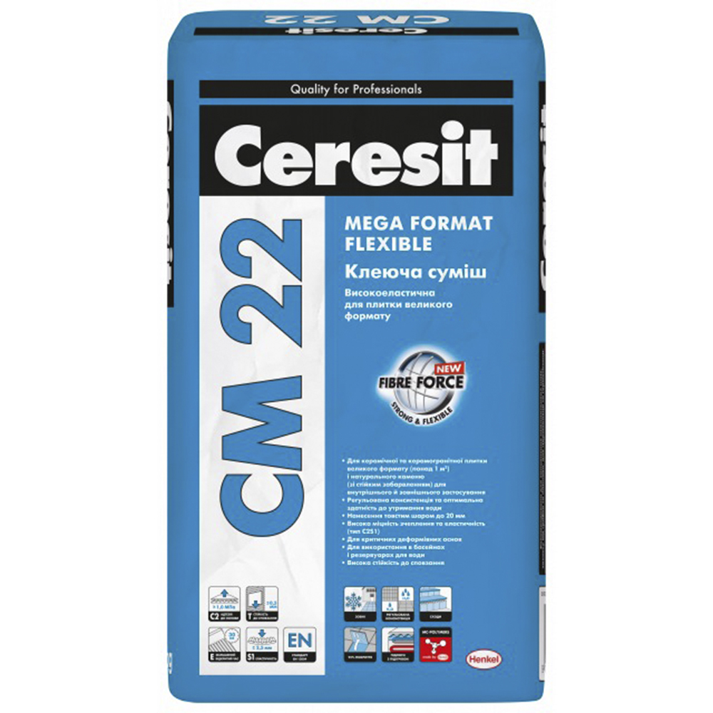Високоеластична клеюча суміш для плитки великого формату Ceresit CM 22, 25кг