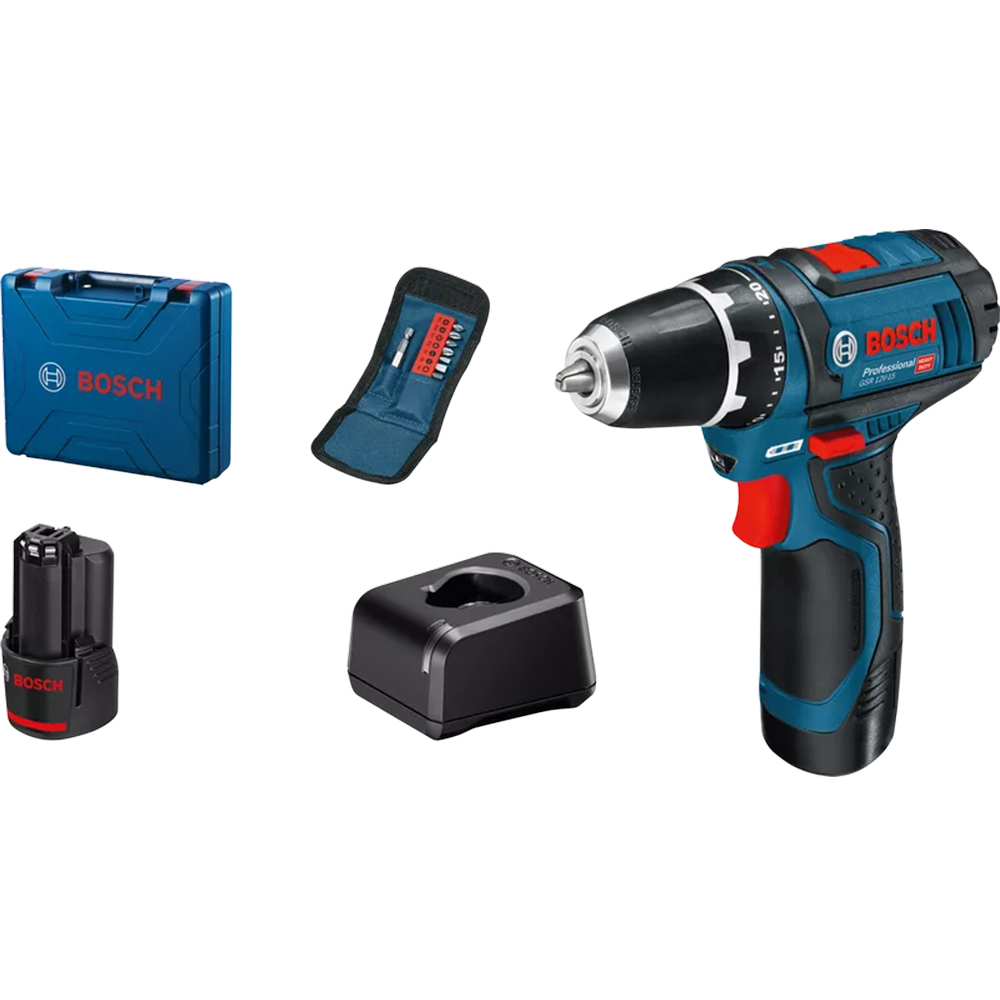 Дрель-шуруповерт Li-Ion 12 В Bosch Аккумуляторный шуруповерт GSR 12V-15 + Набор бит и сверл (39 шт.) с 2 акб 12V (2Ah+4Ah) и GAL 12V-20 в мягком кейсе