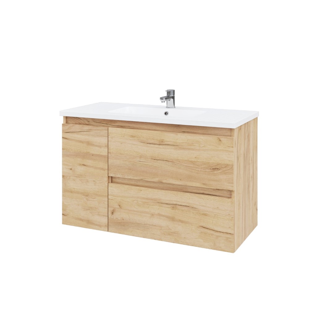 Тумба підвісна MEBLIBUD RENE 100 з 2-ма шухлядами з корзиною для білизни з умивальником Flat 100см  правостороння