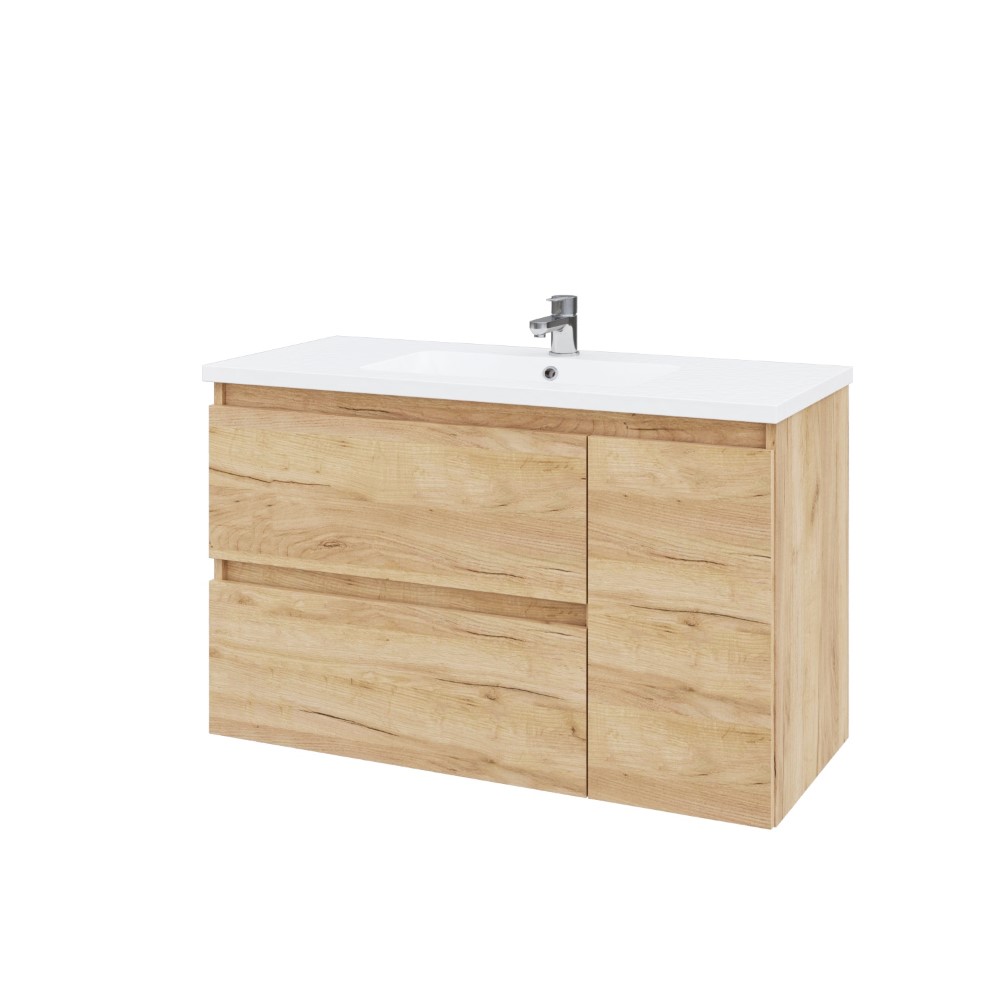 Тумба підвісна MEBLIBUD RENE 100 з 2-ма шухлядами з корзиною для білизни з умивальником Flat 100см  лівостороння