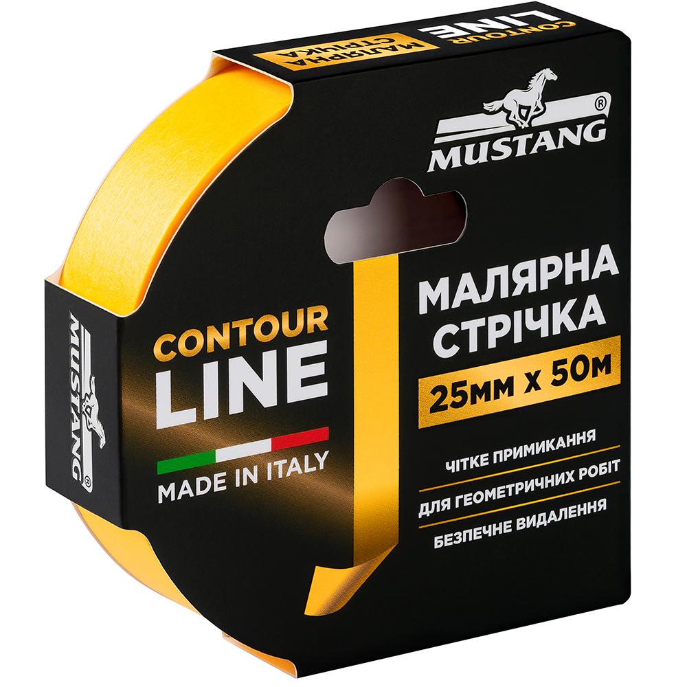 Малярна стрічка рисова CONTOUR LINE жовта 25мм*50м TM MUSTANG