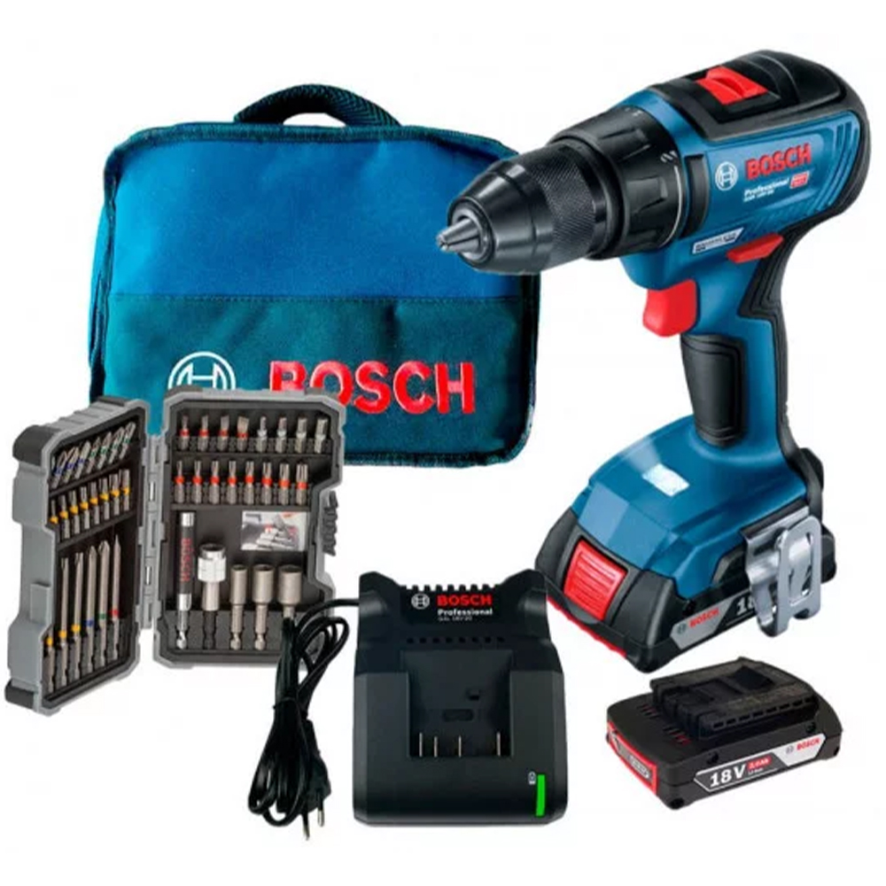 Дриль-шурупокрут Li-Ion 18 В Bosch GSR 18V-50 + 43 біти + 2 акумулятора 2,0 А·год + сумка для інструменту