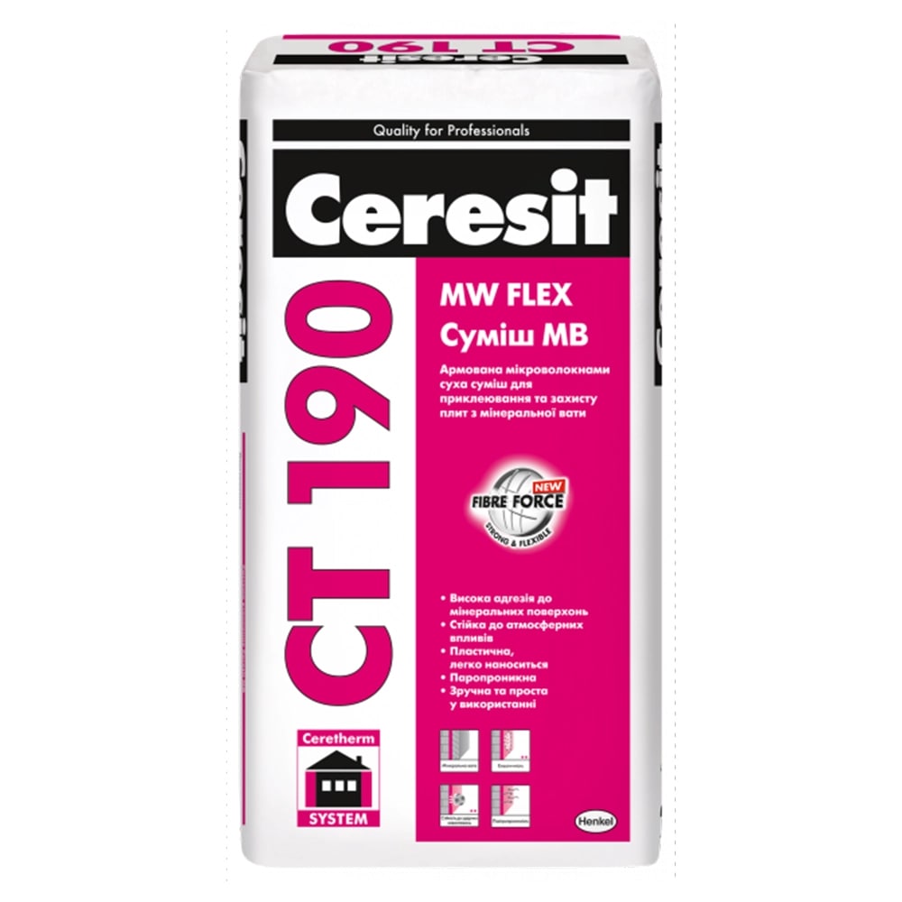 Суміш МВ для кріплення та захисту плит з мінеральної вати Ceresit CT 190, 25 кг